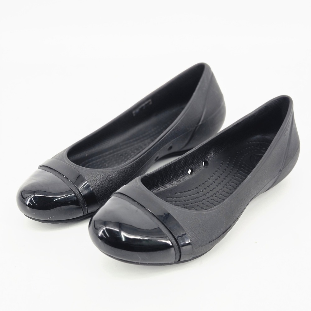 Crocs Cap Toe Flat Black Patent Slip On Ballet Shoes Women Size 9 W9 Work EUC
